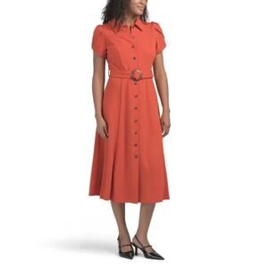 NWT CALVIN KLEIN Women's Red Orange Belted Button Down Midi Shirt Dress Size 6